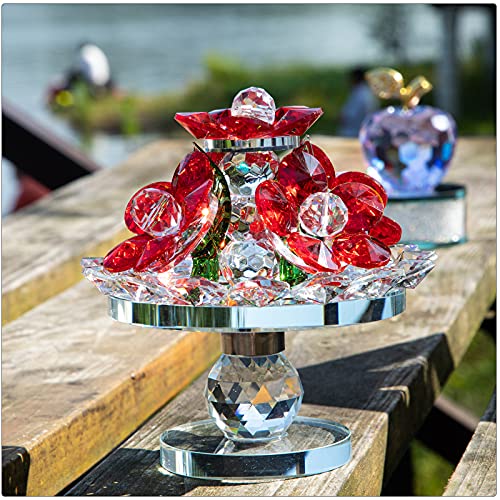 Handcrafted Red Crystal Flowers w/ Rotating Base Fengshui Home Decoration