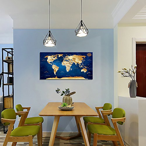 Wall Art Blue World Map Painting Ready to Hang -20" x 40"  Framed