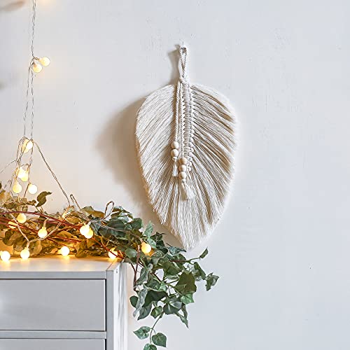 Cotton Macrame Feather Leaf w/  Wooden Beads Wall Decoration