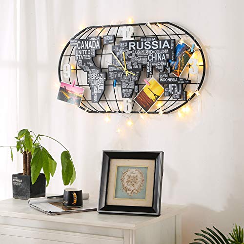 Large Metal Wall Clock w/ MDF World Map Decoration, Silent Movement w/ DIY LED Light Strip & Postcard