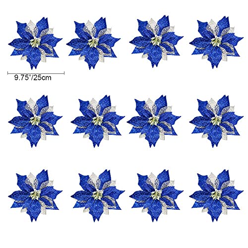 12Pcs Poinsettia Flowers Glitter Christmas Ornaments