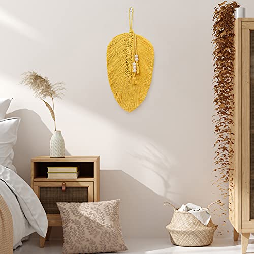 Cotton Macrame Feather Leaf w/  Wooden Beads Wall Decoration