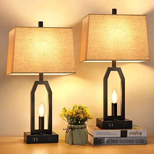 Set of 2 Table Lamps, 2 w/ 3-Model Lighting, Dual USB Charging Ports,  (4 Bulbs Included)