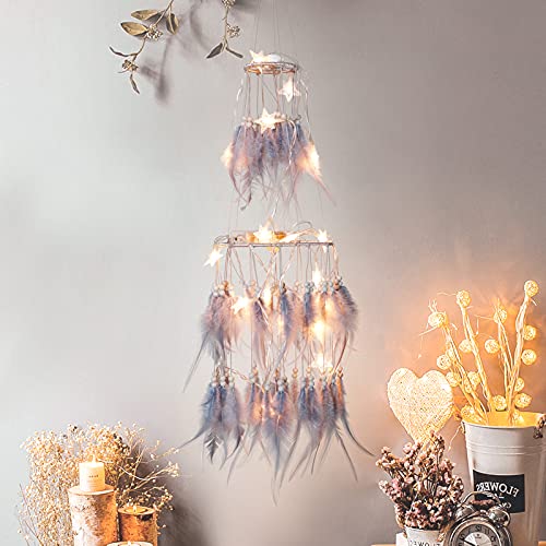 Double Circle Feather Dream Catcher w/ Mobile LED Fairy Lights Wall Ornaments