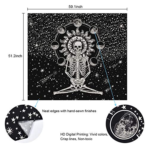 Skull Tapestry Meditation Skeleton , Chakra, Starry Black and White Stars