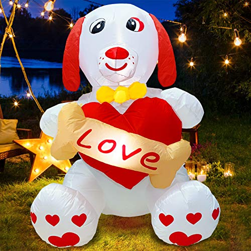 4 Ft Valentine's Day Inflatables  Decoration Blow up Puppy Dog Holds Heart Bones w/ Led Lights