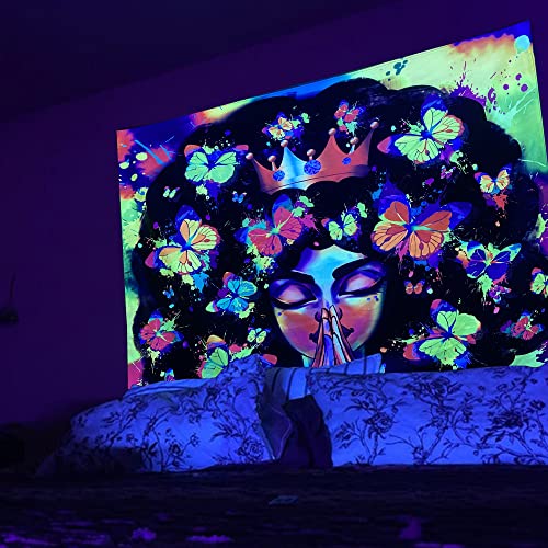 UV Reactive Butterfly Beautiful Afro Black Woman Tapestry 59"X51"