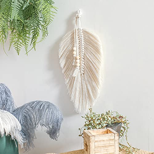 Cotton Macrame Feather Leaf w/  Wooden Beads Wall Decoration