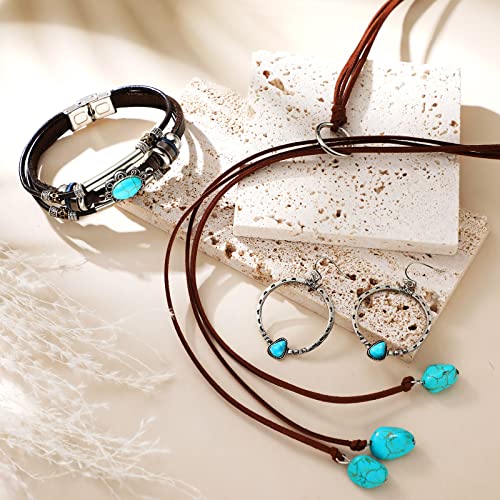 Women Bohemian Necklace, Braided Leather Wristbands Bracelets & Earring Set