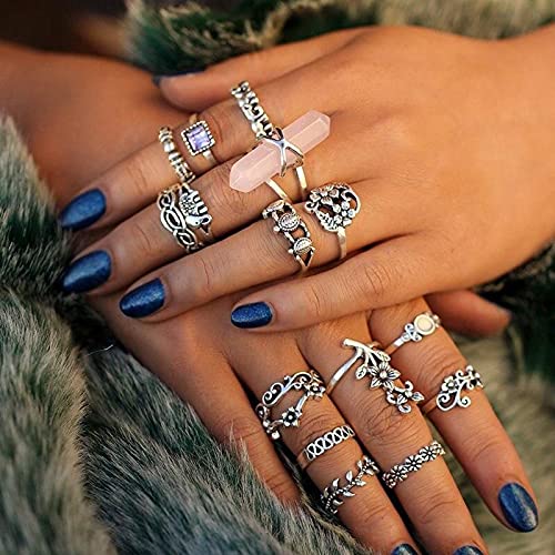 82 Pcs Vintage Silver Knuckle Bohemian Stackable Stone Crystal Rings Set for Women