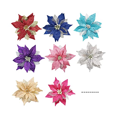 12Pcs Poinsettia Flowers Glitter Christmas Ornaments