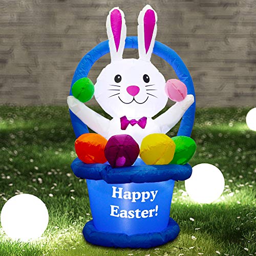 5ft Easter Inflatable Bunny in Egg Basket w/ LEDs for Home Decoration