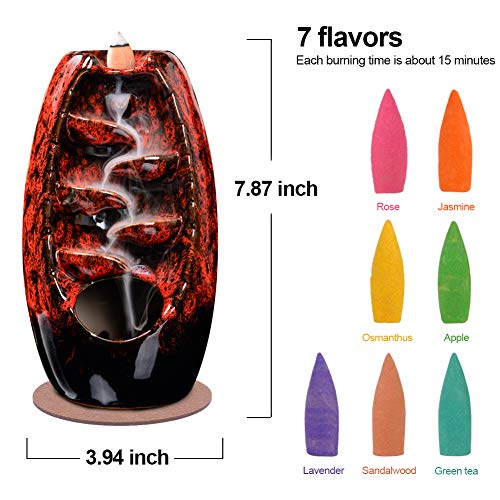 Ceramic Backflow Incense Holder Waterfall Incense Burner Bundle includes 120 Backflow Incense Cones + 30 Incense Sticks, Aromatherapy Home Decor