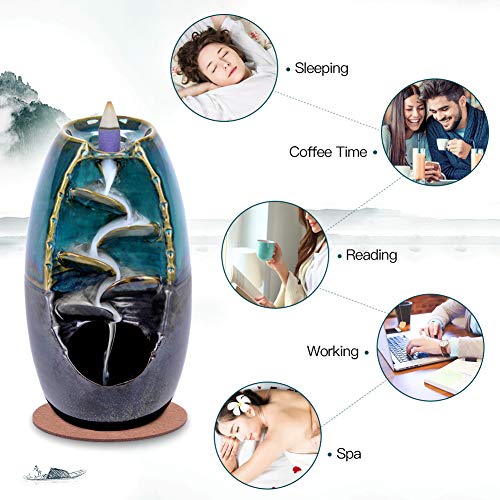 Ceramic Backflow Incense Holder Waterfall Incense Burner Bundle includes 120 Backflow Incense Cones + 30 Incense Sticks, Aromatherapy Home Decor