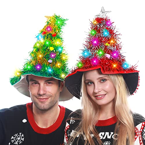 2 Pack Christmas Tree Santa Hat w/ Tinsel 30 LED Colorful Light