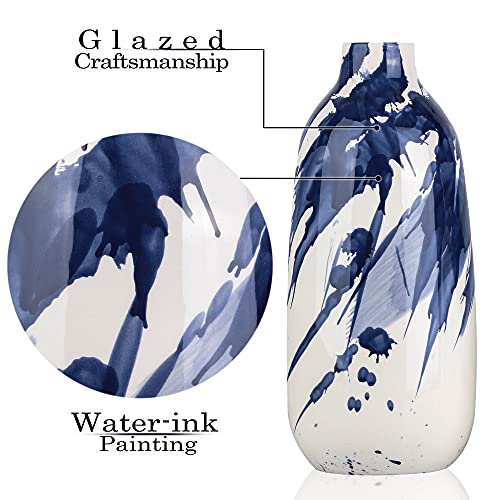 Oriental Blue & White Ceramic Vase Set of 2, Glazed Vases for Home Decoration, 7.2″ & 11.4″ Tall