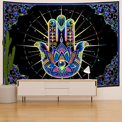 Extra Large Blacklight Hamsa Evil Eye Tapestry