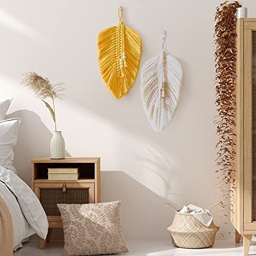 Cotton Macrame Feather Leaf w/  Wooden Beads Wall Decoration