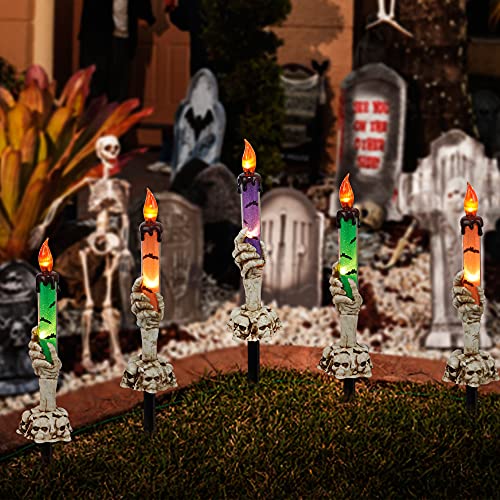 5 Pack Skeleton Hands Hold Lighted Candle Stakes Halloween Decoration