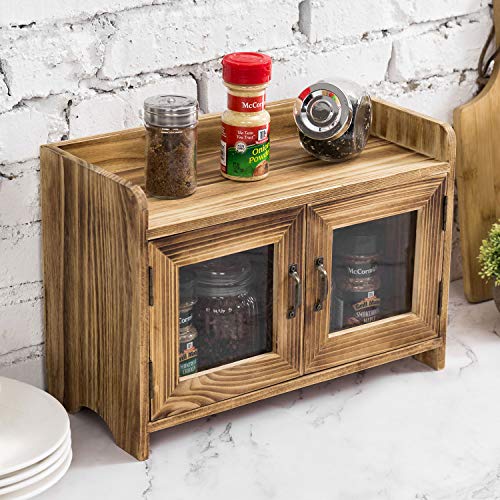 Rustic Dark Brown Wood Kitchen/Bathroom Counter Top Storage Cabinet w/ Glass Windows