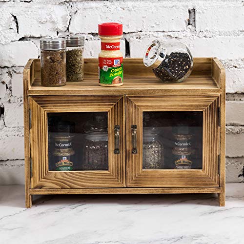 Rustic Dark Brown Wood Kitchen/Bathroom Counter Top Storage Cabinet w/ Glass Windows