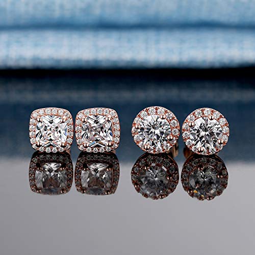 18K White Gold Plated Round Square Cubic Zirconia Simulated Diamond Halo Stud Earrings (2 Pairs)