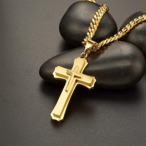 Cross Pendant Necklace Stainless Steel Double Cross Necklace with 24 inches Cuban Link Chain