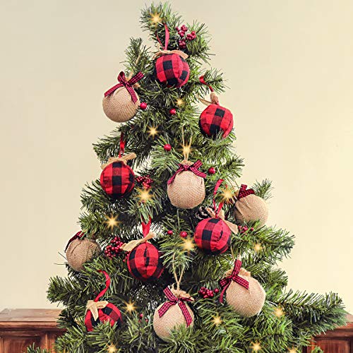 Christmas Decorations Tree Ornament, 8 Pcs Red Black Buffalo Check Plaid Stitching Burlap Hanging Ornaments, Tree Ball Bell Stocking Shaped Hanging