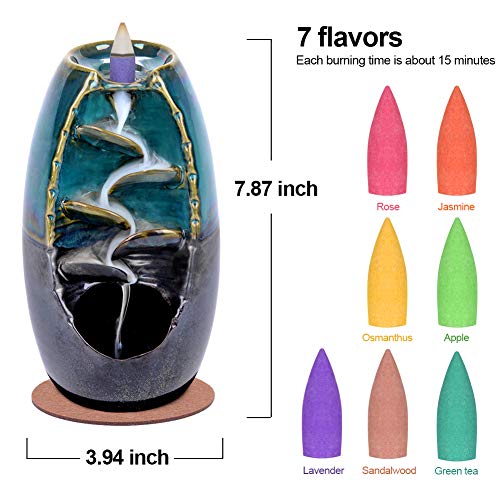 Ceramic Backflow Incense Holder Waterfall Incense Burner Bundle includes 120 Backflow Incense Cones + 30 Incense Sticks, Aromatherapy Home Decor