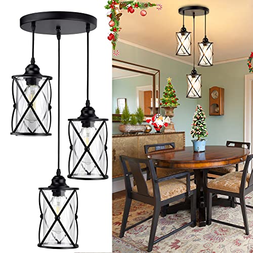 3-Light Industrial Pendant Light, Black Metal Cage Chandelier Lights