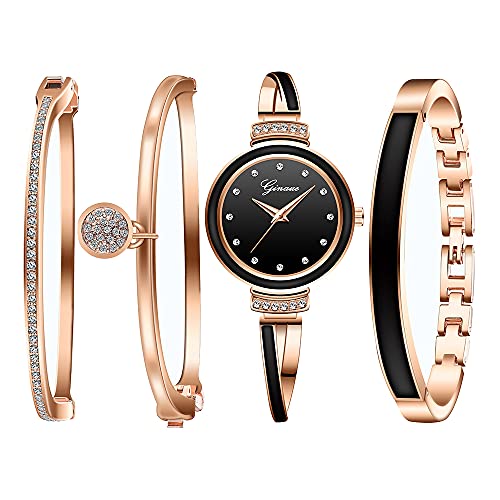 Elegant Rose Gold/Silver Watch & 3 Bracelets Set for Women