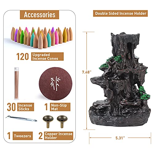 Dual Sided Mountain Waterfall Incense Burner w/ 120 Incense Cones+30 Incense Sticks