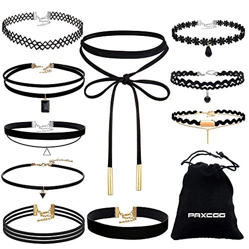 Black Velvet Choker Necklaces w/ Storage Bag for Women Girls, Pack of 10