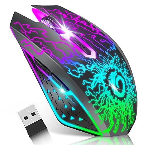 Wireless Gaming Mouse, Rechargeable w/ Colorful LED Lights, Silent Click, 2.4G USB Nano Receiver