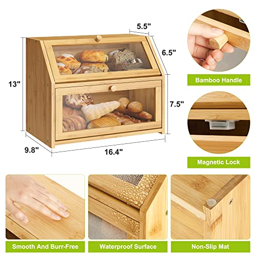 Bread Storage Box For Kitchen Countertop w/ Clear Window Double Layer