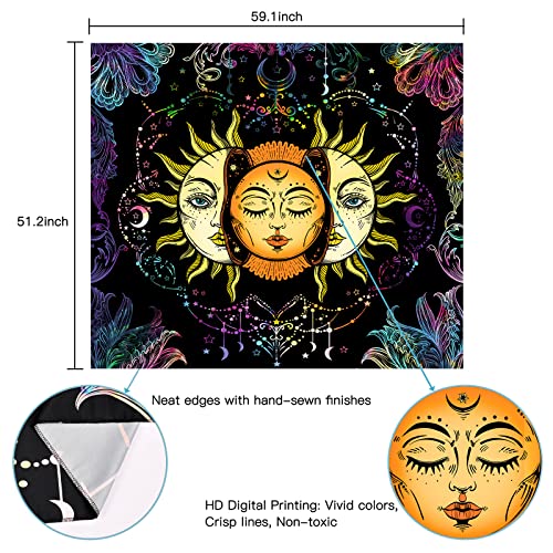 Psychedelic Sun and Moon Burning Sun Black Colorful Moon and Stars Tapestry ( 51.2 × 59.1 inches)