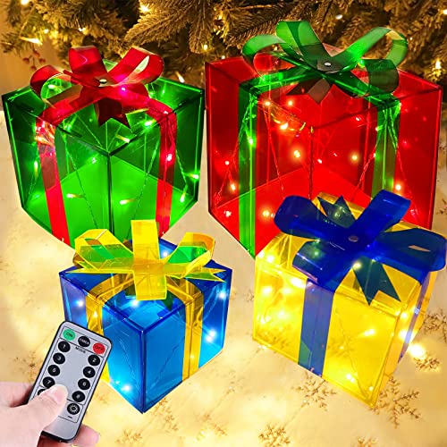 [ Bigger Size 12"-8"-6"-5" ] 4 Pcs 70 LED Lighted Gift Boxes Christmas Decorations