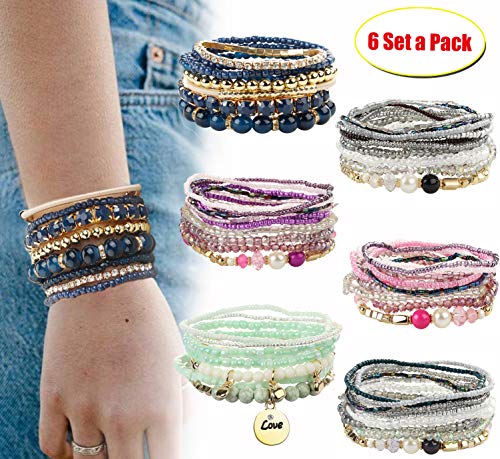 6 Sets Bohemian Stackable Bead Bracelets for Women Stretch Multilayer