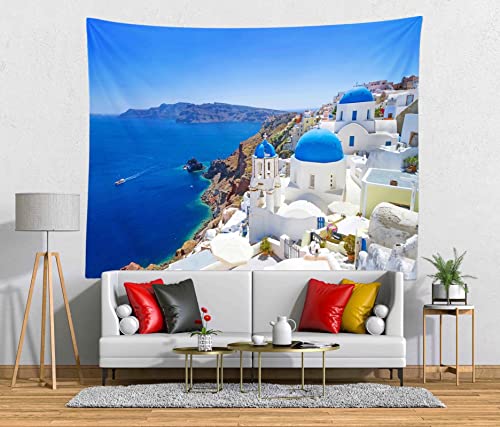 Greece Cityscape Tapestry White Architecture of Oia Village on Santorini Island Wall Decoration