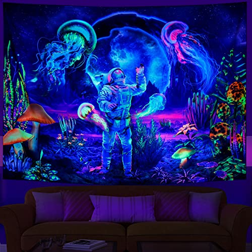 Extra Large Blacklight Astronaut Jellyfish Tapestry