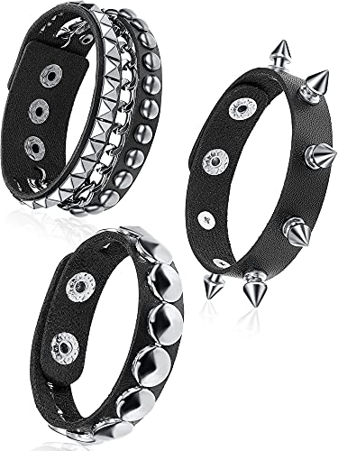 3 Pieces Leather Studded Punk Bracelet for Men/Women