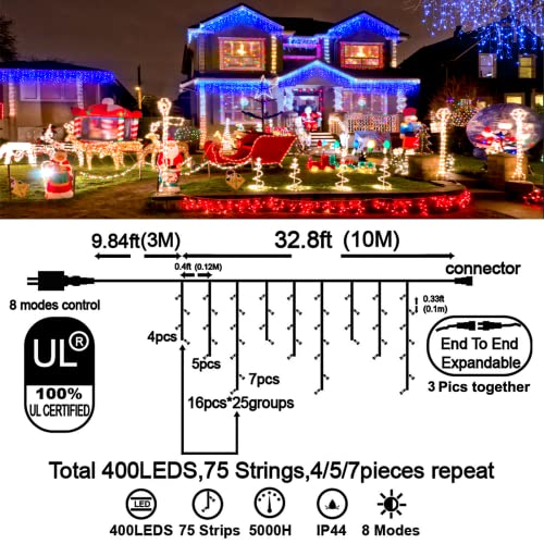 400 LED 32.8 FT 8 Modes 75 Drops Fairy String Curtain Lights for Christmas Decor