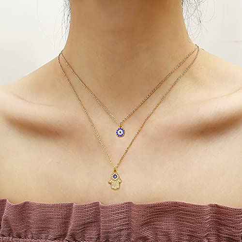 Gold Dainty Evil Eye Necklace & Hamsa Necklace Turkish Blue Eye Pendant for Women