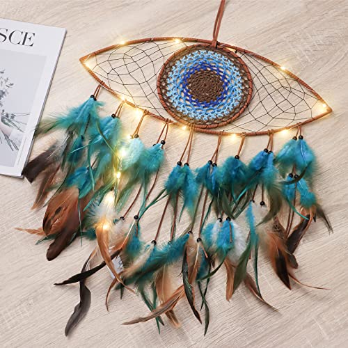 Evil Eye Dream Catcher with Fairy Lights, Blue Brown Dream Catchers for Bedroom, Evil Eye Wall Hanging