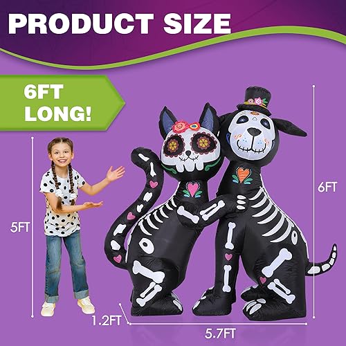 6 FT Halloween Inflatables Skeleton Black Cat and Dog Day of The Dead Outdoor Decorations, Inflatable