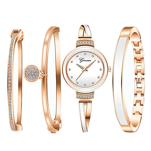 Elegant Rose Gold/Silver Watch & 3 Bracelets Set for Women