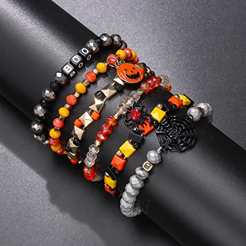 Halloween Beaded Bracelets Pumpkin Spider Ghost Charms Bracelets BOO Stretch Bracelets Holiday Set