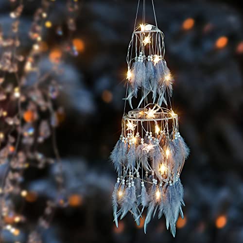 Double Circle Feather Dream Catcher w/ Mobile LED Fairy Lights Wall Ornaments