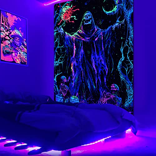 Blacklight Skull Tapestry UV Reactive Sun Moon Tapestries Gothic Wizard Skeleton Tapestry Colorful Witchy