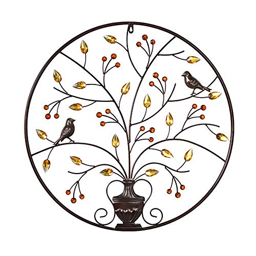 Iron Wall Sculptures - Metal Round Wall Decoration w/ Tree & Bird-Brown